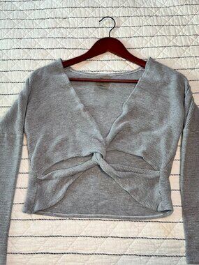 DYI Balletcore Gray Ribbed Twist Front Knot Cut Out Long Sleeve Crop Top XS/S